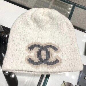 Chanel Intarsia CC Logo Knit Beanie in White